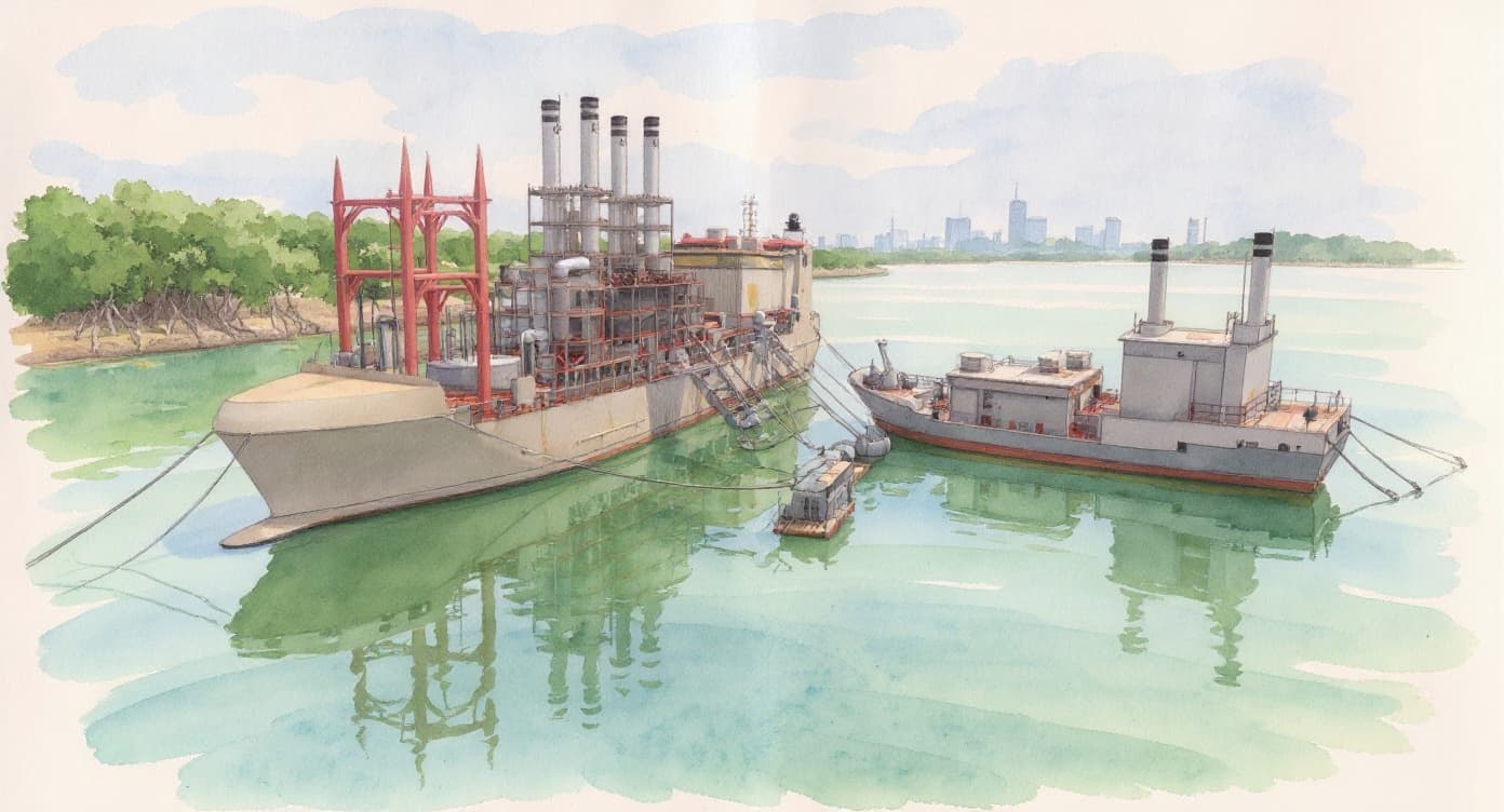 Illustration à l'encre et à l'aquarelle de deux centrales électriques flottantes amarrées côte à côte sur la lagune Ébrié, à Abidjan, avec leur portique haute tension rouge et leurs cheminées, la mangrove sur la rive et la ville à l'horizon.