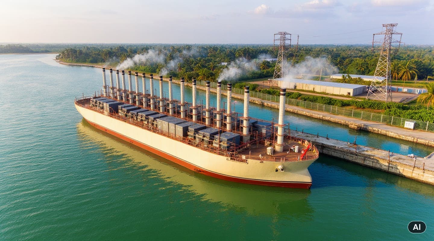 Vue aerienne d'une centrale electrique flottante a son poste entre une digue en enrochements et une chaussee, ses cheminees en marche laissant de longs panaches au-dessus de l'eau.