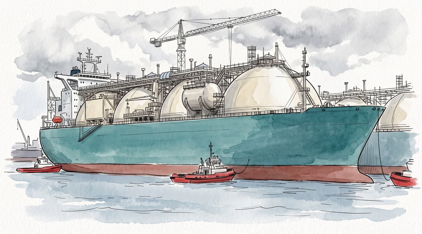 Illustration à l'encre et à l'aquarelle des réservoirs sphériques et de la tuyauterie d'un méthanier en chantier, sous des échafaudages et une grue.