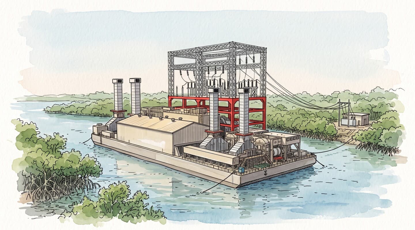 Illustration à l'encre et à l'aquarelle d'une centrale électrique flottante sur barge, amarrée dans un estuaire bordé de mangroves et reliée par des câbles à un petit poste à terre.