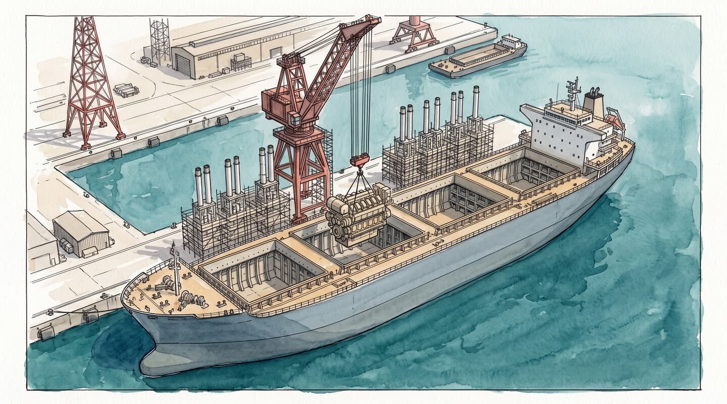 Illustration à l'encre et à l'aquarelle d'un navire en chantier, cales ouvertes, une grue y descendant un moteur, avec des échafaudages et des cheminées neuves sur le pont.