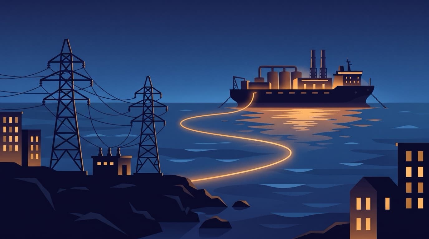 Illustration nocturne d'une centrale électrique flottante (powership) au large, reliée par câble aux pylônes du réseau électrique côtier