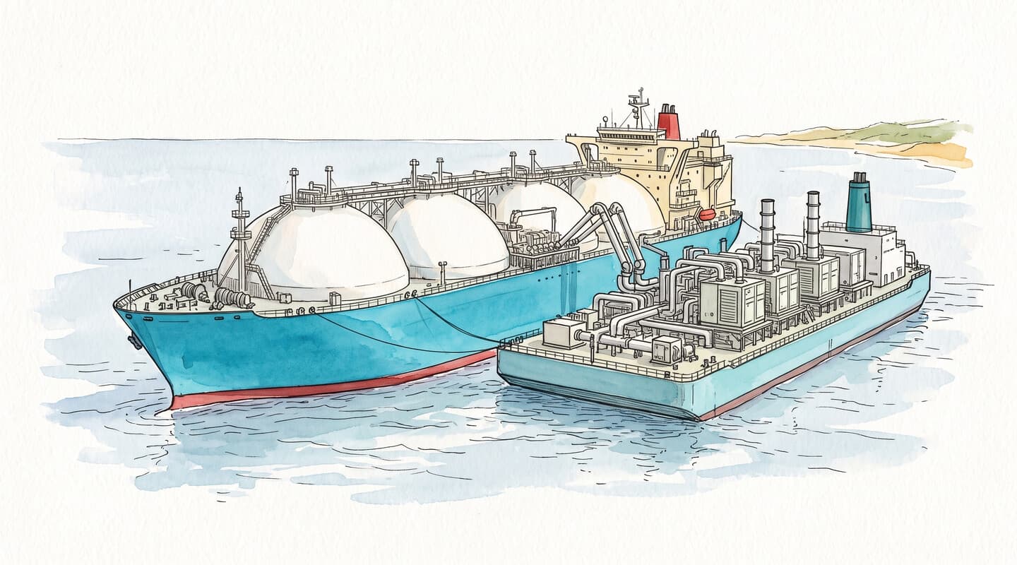 Illustration à l'encre et à l'aquarelle d'une unité de regazéification à réservoirs sphériques amarrée au large à côté d'une centrale électrique flottante, devant une côte sablonneuse.