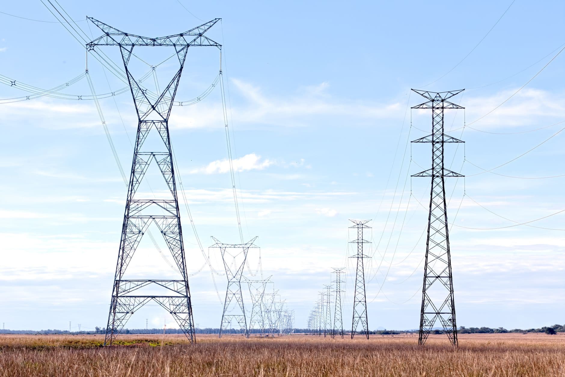 De grands pylônes électriques traversent le Cerrado brésilien jusqu'à l'horizon.